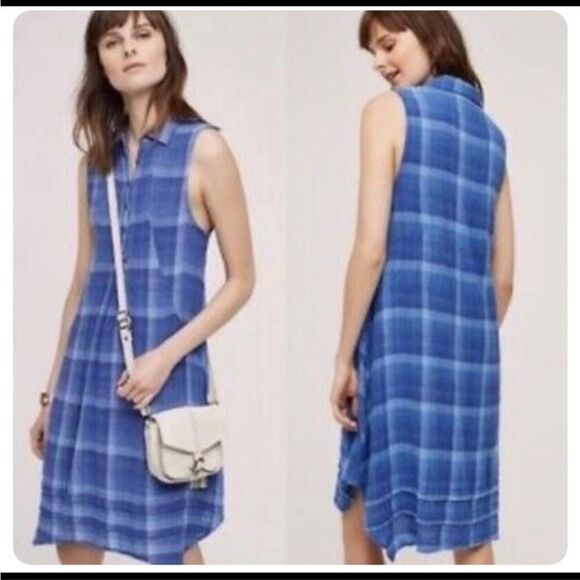 Isabella Sinclair Anthropology Sleeveless Blue Check Print Shirt Dress Size XSP - Picture 2 of 10